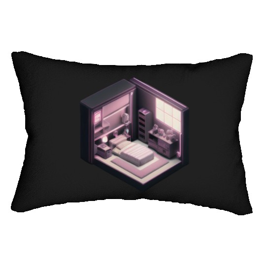 Isometric Voxel Bedroom - Synthwave Future Render Lumbar Pillows