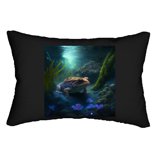 A toad in a creek the toad has blue glowing eyes Lumbar Pillows