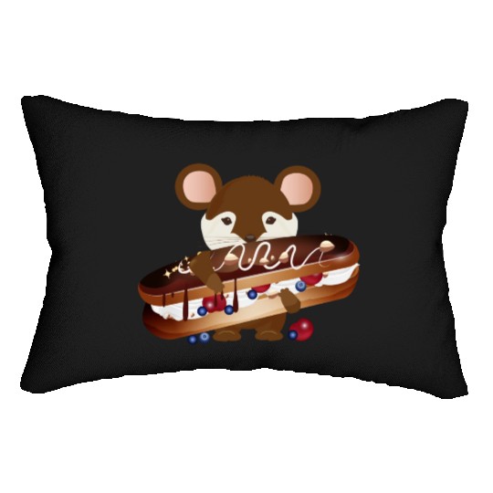 cute mouse with delicious chocolate eclair Lumbar Pillows