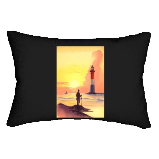 Serene Sunrise Beach Scene with Lighthouse and Fis Lumbar Pillows
