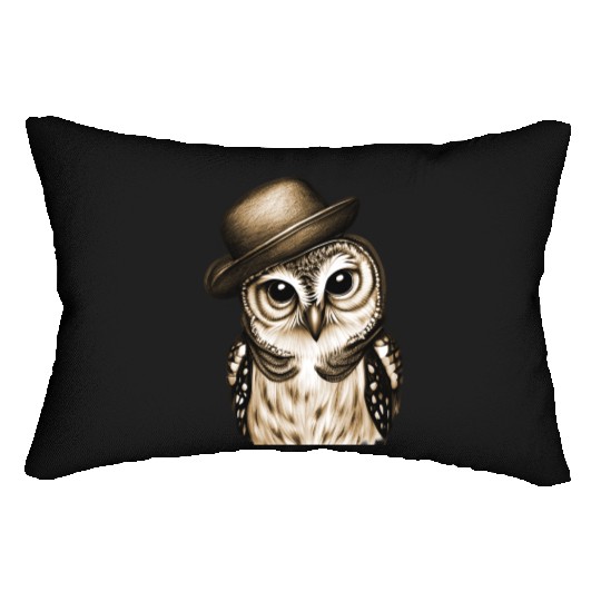 owl wearing derby hat - brown color Lumbar Pillows