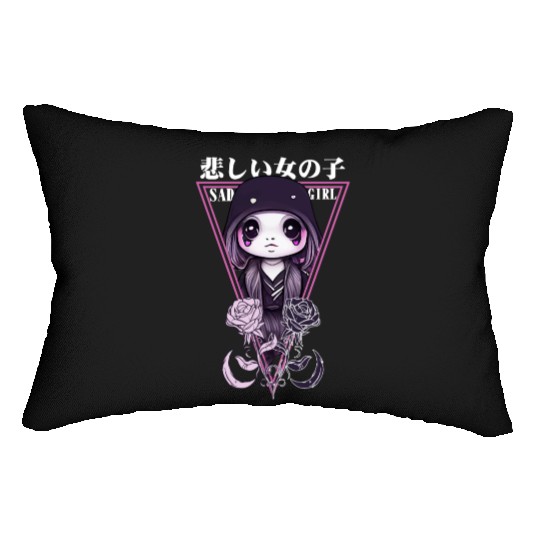 Kawaii Sad Girl Chibi Japanese Gothic Pastel Goth Lumbar Pillows