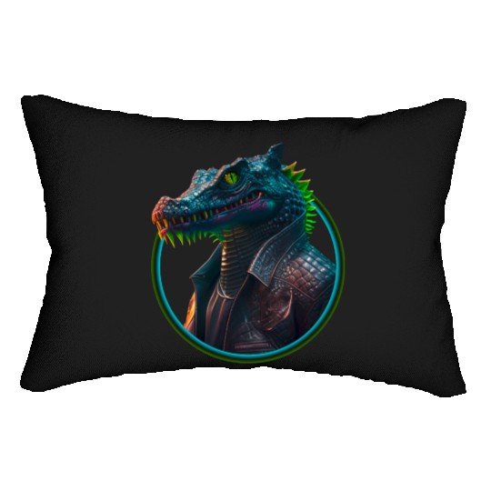 Neon punk crocodile in leather jacket Lumbar Pillows