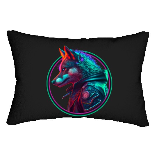 Neon punk wolf in leather jacket Lumbar Pillows