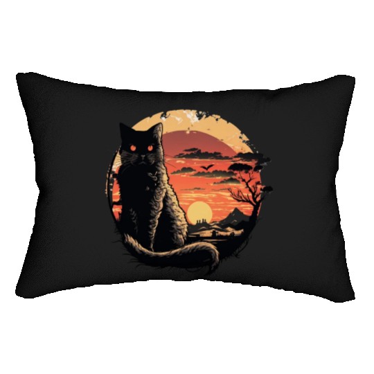 Catzilla Vintage Funny Cute black Cat Art Japanese Lumbar Pillows