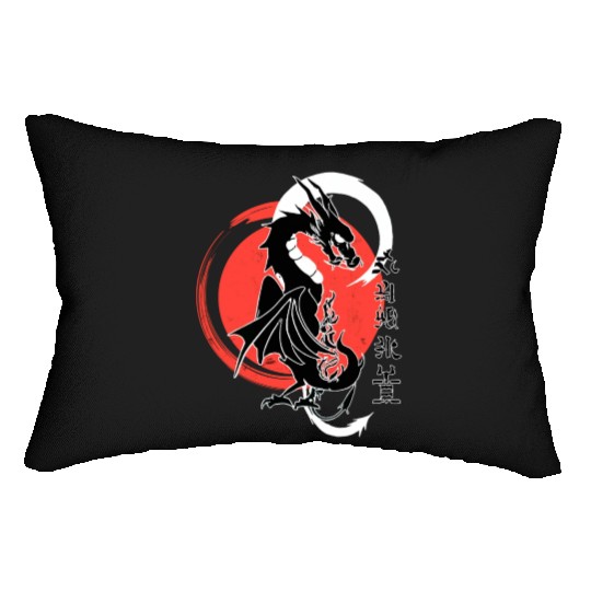 Black dragon, red moon Lumbar Pillows