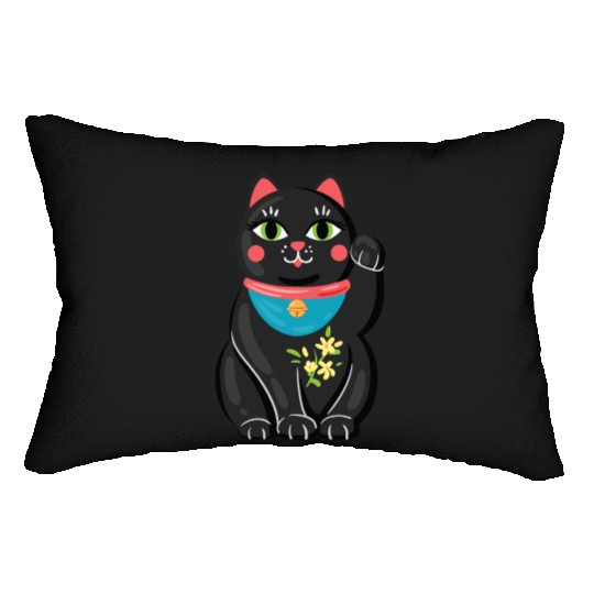 Japanese Maneki Neko Black Cat Bad Luck Protection Lumbar Pillows