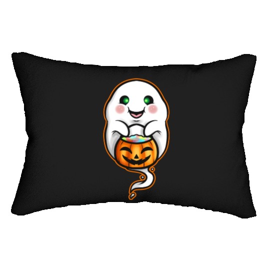 Kawaii Ghost Holding Pumpkin Trick Or Treat Bag Lumbar Pillows