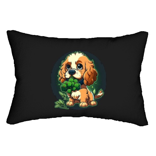 Cute dog eats green broccoli vegetables Lumbar Pillows