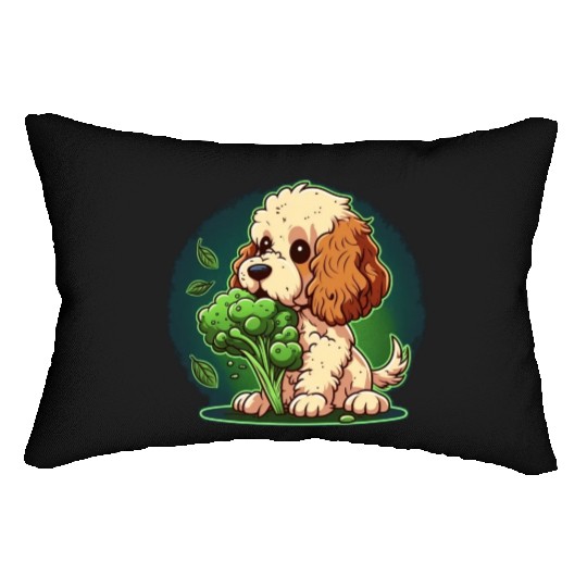 Cute dog eats green broccoli vegetables Lumbar Pillows
