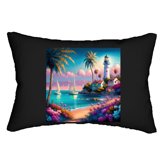 Colorful Tropical Island Beach Sunset Lighthouse Lumbar Pillows
