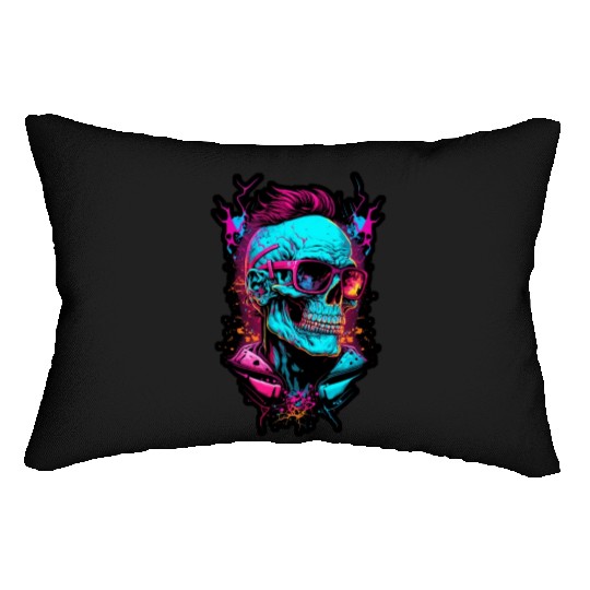 Hipster retro 80s skull neon trend punk metal rock Lumbar Pillows