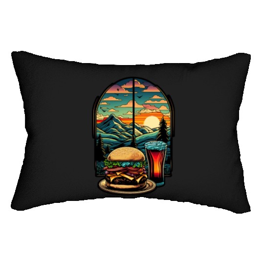 Church window with hamburger burger and drink Lumbar Pillows