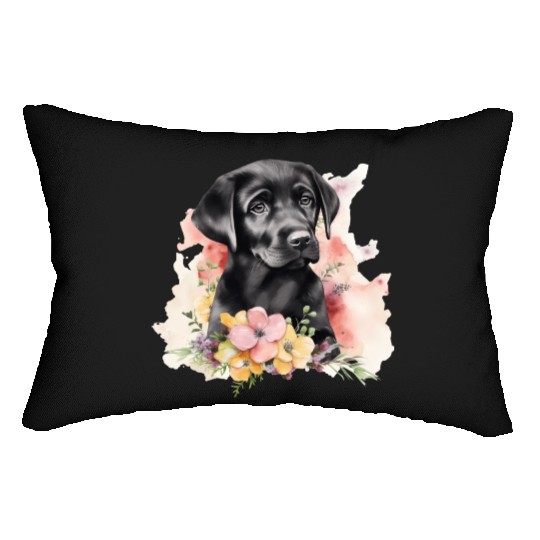 Black Lab Dog Watercolor Floral Lumbar Pillows
