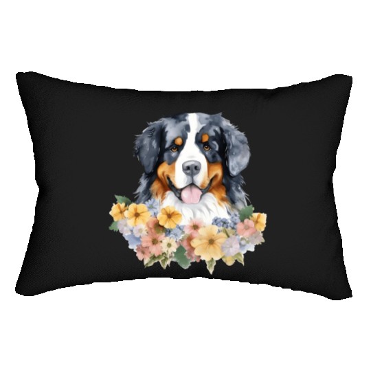 Bernese Mountain Dog Watercolor Floral Lumbar Pillows