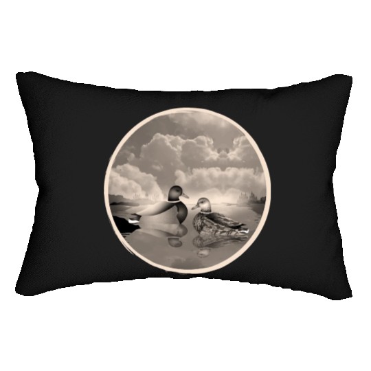 Duck couple in duck pond in nostalgic sepia Lumbar Pillows