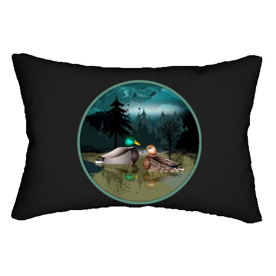 Duck couple in the duck pond at night & moonlight Lumbar Pillows