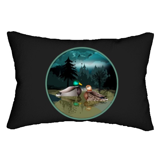 Duck couple in the duck pond at night & moonlight Lumbar Pillows