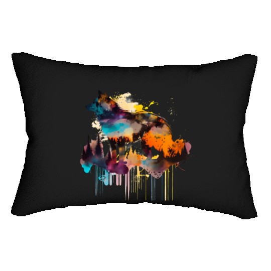 Mountain Wolf Multicolor Watercolor Portrait Lumbar Pillows