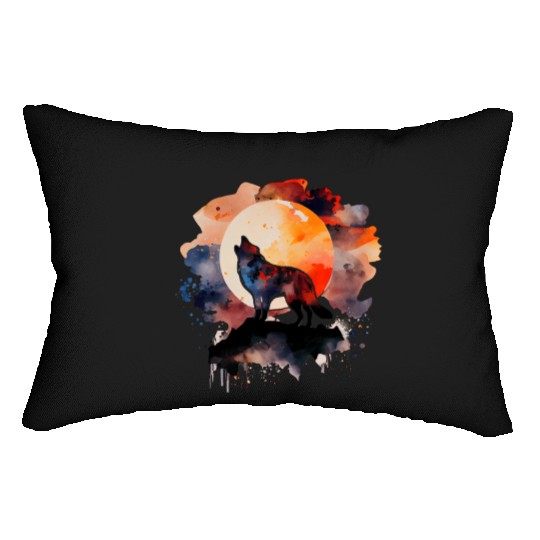 Wolf Howling at Moon Watercolor Lumbar Pillows