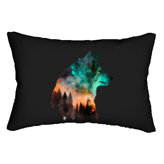 Forest Wolf Multicolor Watercolor Portrait Lumbar Pillows