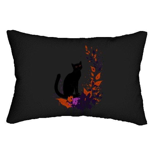 Black cat with plants Lumbar Pillows