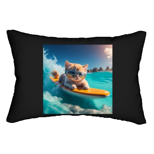 A cute cat surfing in the blue water Lumbar Pillows