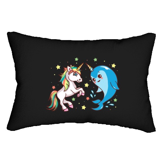 Cute Funny Horned Narwhal And Unicorn Friends Lumbar Pillows