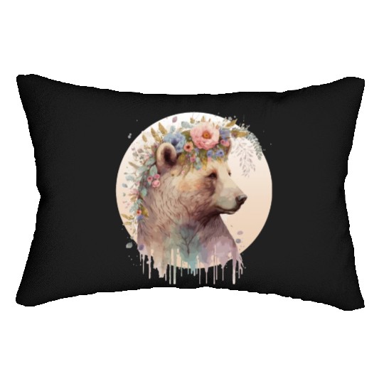 Brown Bear Watercolor Grizzly Bear Flower Crown Wi Lumbar Pillows