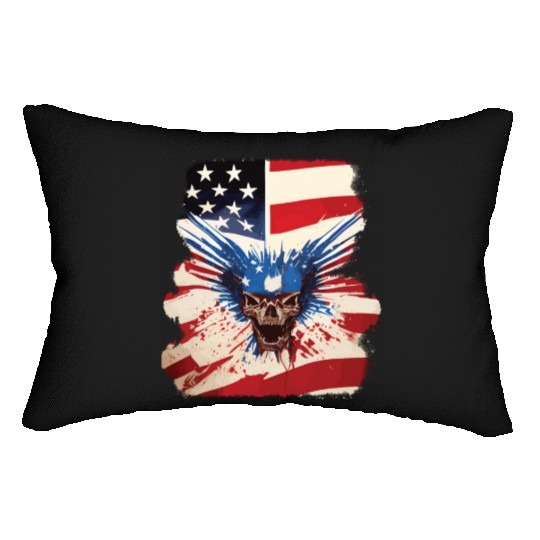 Angry Skull Bursting Through US Flag Lumbar Pillows