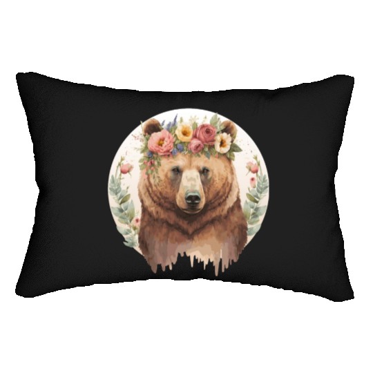 Cute Brown Bear Grizzly Flower Crown Animal Lovers Lumbar Pillows