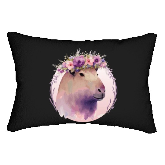 Cute Capybara Rodent Flower Crown Floral Watercolo Lumbar Pillows