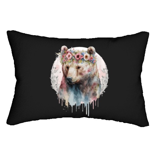 Artistic Watercolor Grizzly Bear Flower Crown Boho Lumbar Pillows