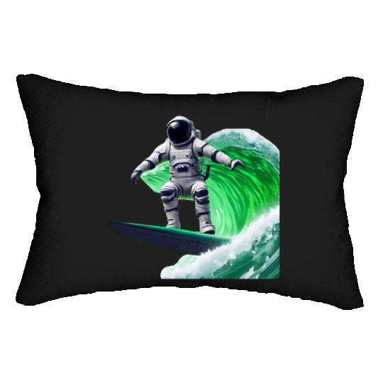 Green waves surfing astronaut Lumbar Pillows