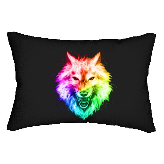 Bright Colorful Wolf Head – Rainbow Howling Wolf F Lumbar Pillows
