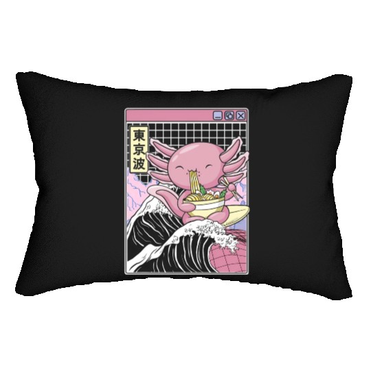 Axolotl Eating Ramen Kanagawa Wave Kawaii Japan Lumbar Pillows