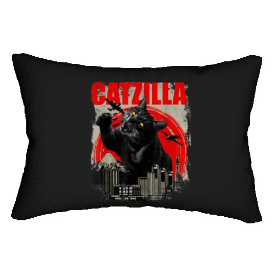 Catzilla Vintage Funny Cute Cat Art Japanese Sunse Lumbar Pillows
