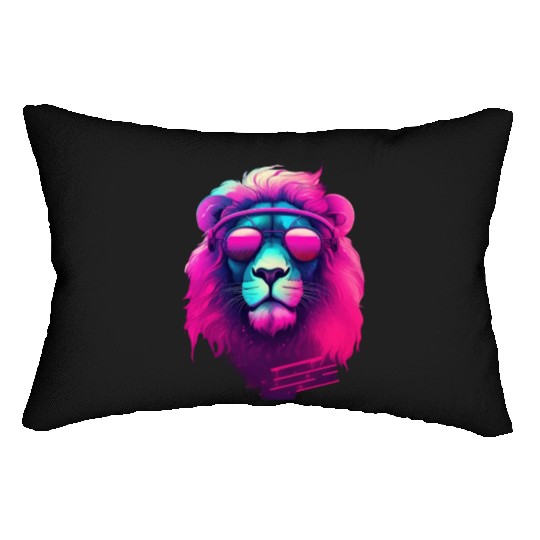 Synthwave Sun King Lion s Neon Shades Lumbar Pillows