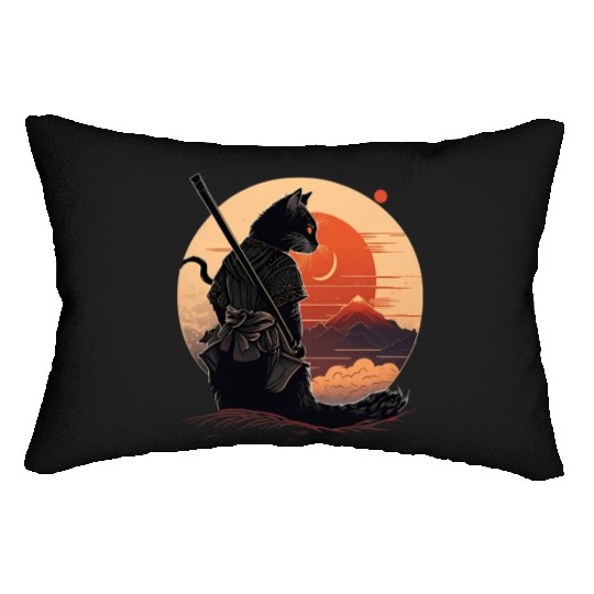 Vintage Japanese Sunset Style And Samurai Cat Kitt Lumbar Pillows