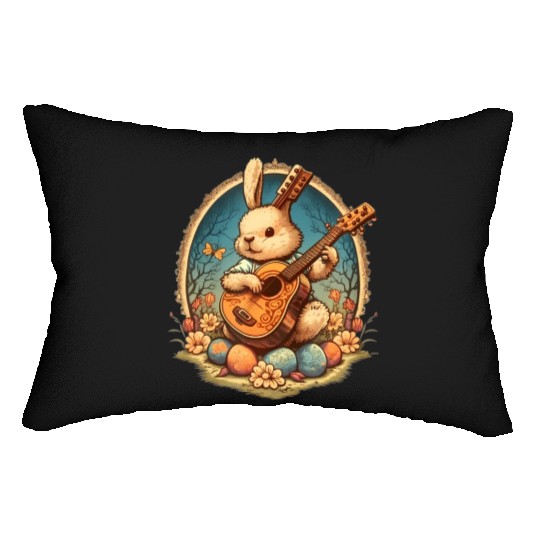 Cottagecore Aesthetic Bunny Playing Banjo Guitar Lumbar Pillows