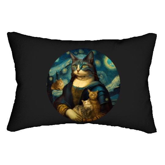 Mona Lisa With Cats Starry Night Van Gogh Painting Lumbar Pillows