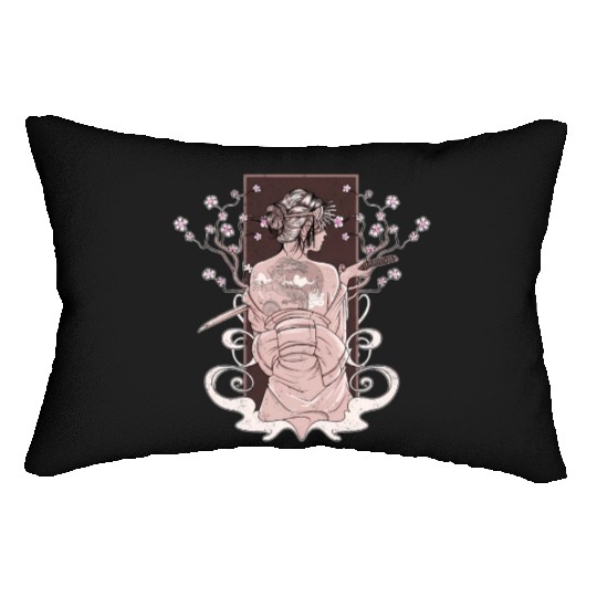 Vintage Japanese Katana Wo Kimono Cherry Blossoms Lumbar Pillows
