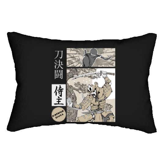 Katana Samurai Vs Ninja Warrior Comic Strip style Lumbar Pillows
