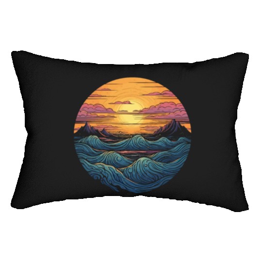 serene ocean sunset with large waves (3) Lumbar Pillows