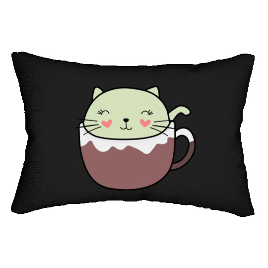 Mint Hot Cocoa Cat in Coffee Mug Lumbar Pillows