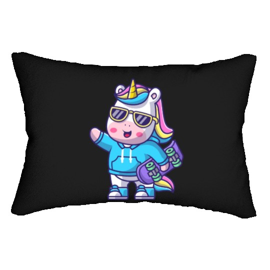 cute cool unicorn holding skateboard cartoon Lumbar Pillows