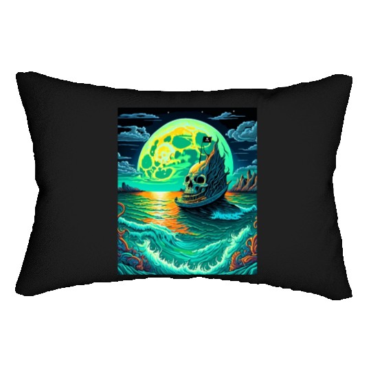 Pirate Ship With A Skull At Full Moon Lumbar Pillows