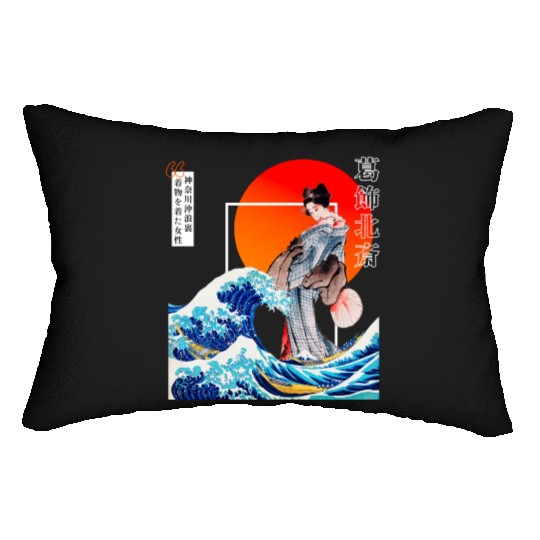 The Great Wave off Kanagawa'n woman wearing kimono Lumbar Pillows