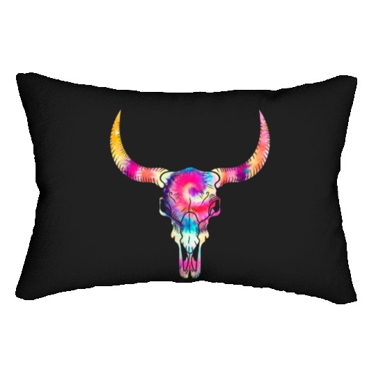 Cow Lumbar Pillows, Cow Skull Tie Dye Watercolor Lumbar Pillows, Cow