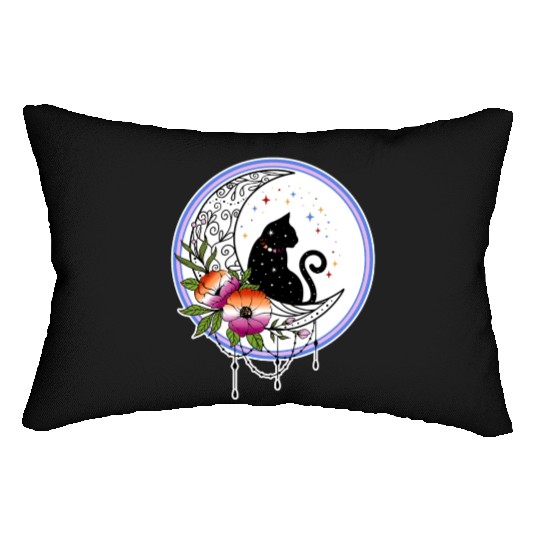Galaxy Cat and Flowers in Lesbian Flag Colors Lumbar Pillows